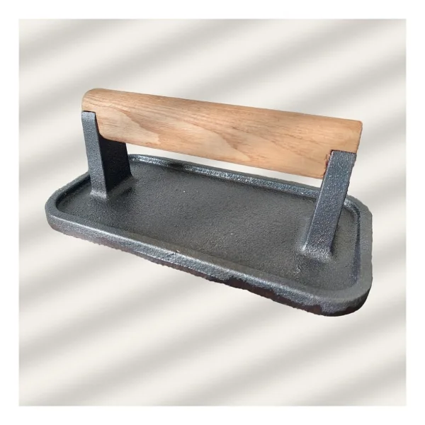 Döküm Demir Et Mühürleme, Piknik Tost ve Burger Pres Aparatı, Ahşap Saplı Seasoning (Yağlama) Işlemi Yapılmış, 10,5x20 cm - Oluk Desenli - Siyah