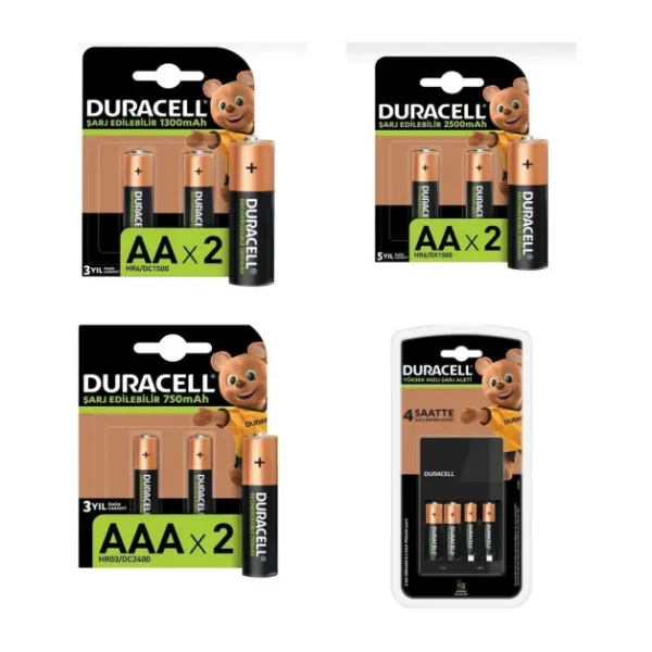 Duracell Cef 14 Şarj Cihazı Şarj Edilebilir 2 adet 2500 mAh AA 4 adet 1300 mAh AA ve 4 adet 750 mAh AAA Pil Paketi