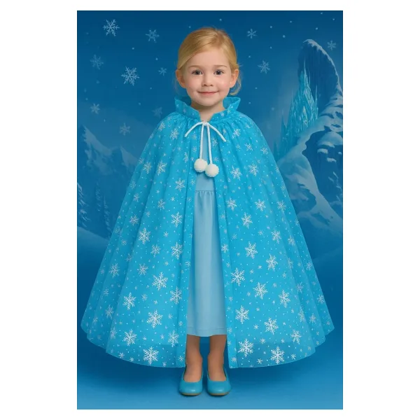 Frozen Elsa Tarzı 80 CM Mavi Kar Taneli Pelerin - Kız Çocuk Kostüm Temalı Parti Aksesuarı 5-9 Yaş