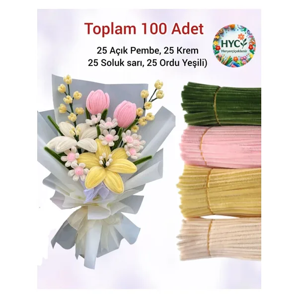 hyc heryerçiçeklenir 100 Adet Pastel Tonlarda Şönil Buket Kiti Tüylü Tel Çiçek Yapım Seti