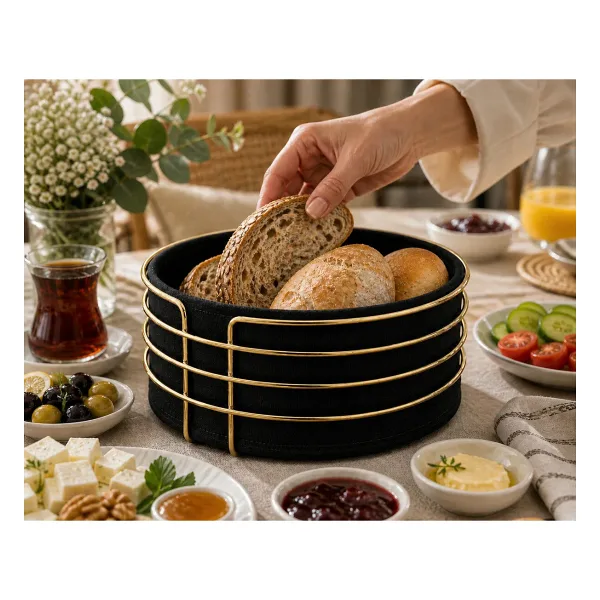 Kitchen Line Gold Detaylı Galvaniz Metal Bezli Yuvarlak Ekmek Sepeti 22X11 Cm - Yıkanabilir Kumaşlı Modern Şık Sunumluk