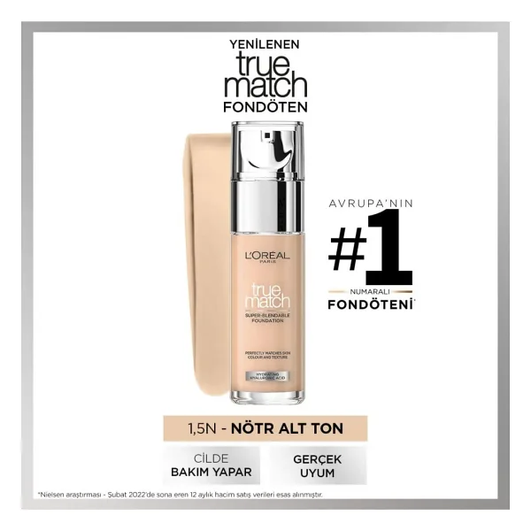 L'Oreal Paris True Match Bakım Yapan 1.5N Linen 30 ml Likit Fondöten