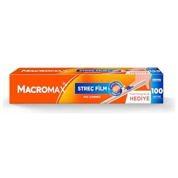 Macro Max Streç Film 100 Metre, Pratik Kesme Bıçağı Hediyeli, Büyük Ekonomik Boy, PVC İçermez