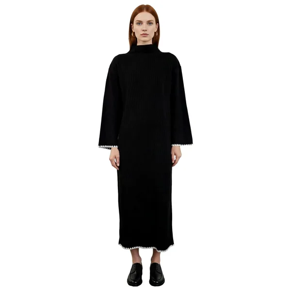 Moda Stil Relaxed Bisiklet Yaka Maxi Boy Tesettür Dikiş Detaylı Uzun Triko Elbise