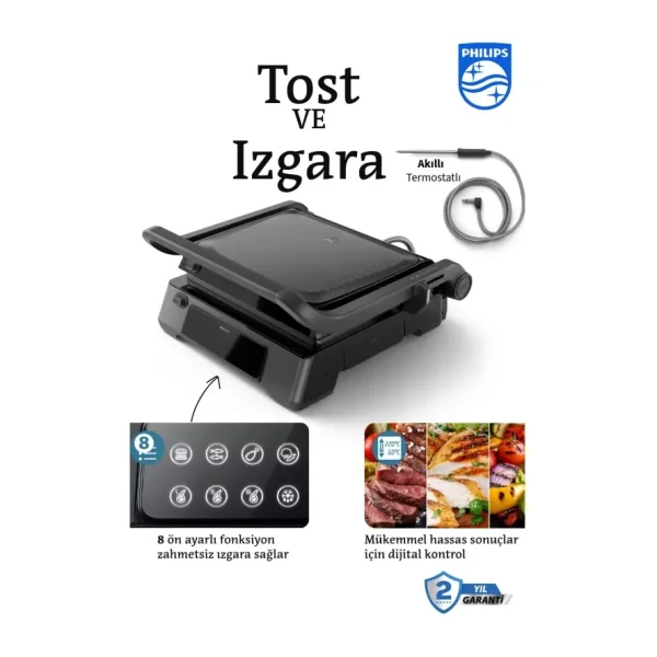 Philips 7000 Serisi Izgara ve Tost Makinesi, Hassas Dijital Kontrol, Izgara Için Tam Açılır, Ayarlan