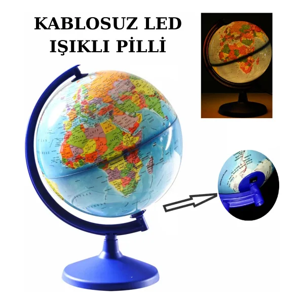 Siyasi Dünya Küresi Kablosuz LED Işıklı En Büyük Boy 30 cm Çaplı Yer Küre Yazılıp Silinebilir - Ege Mavisi - led ışıklı - 30 cm çap 45 cm yükseklik