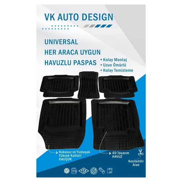 VK AUTO Siyah Havuzlu Araba Paspası 4D TÜM ARAÇLARA UYUMLU UNIVERSAL
