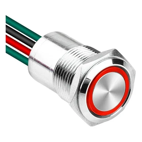 WD16D1-P2-E 16mm Düz Yaylı Işıklı Kablolu Metal Buton - Kırmızı