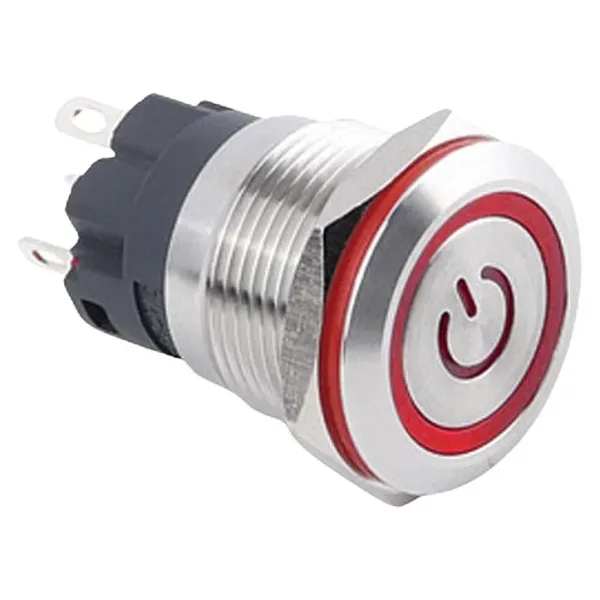 WD19A-P1Z-EC 19mm Düz Anahtarlı Işıklı Power Metal Buton - Kırmızı