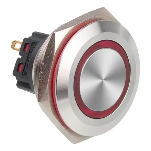 WD28B-P1Z-E 28mm Düz Anahtarlı Işıklı Metal Buton - Kırmızı
