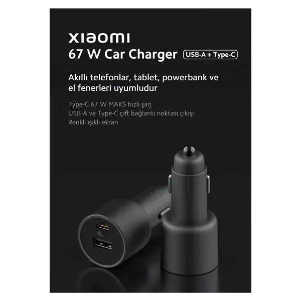 Xiaomi 67W Hyper Car Charger (USB-A + Type-C) Araç Çakmaklık Hızlı Şarj Aleti