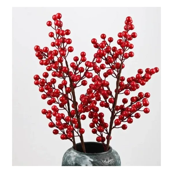3 Adet Yapay Çiçek Kokina Uzun Dal 63Cm Yılbaşı Çiçeği Red Berry