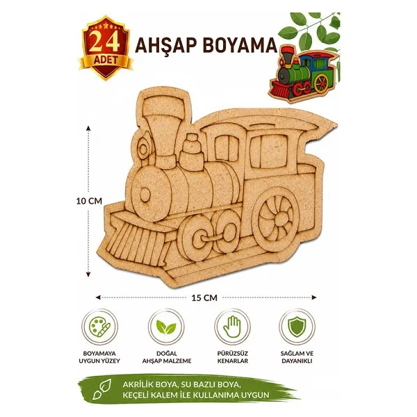ArtMaster Ahşap Boyama Tren 24 Adet 10x15cm Araba Boyama Figürü Etkinlik Çoçuk Gelişim Motor Beceri Kreş Anasınıfı Çok Renkli