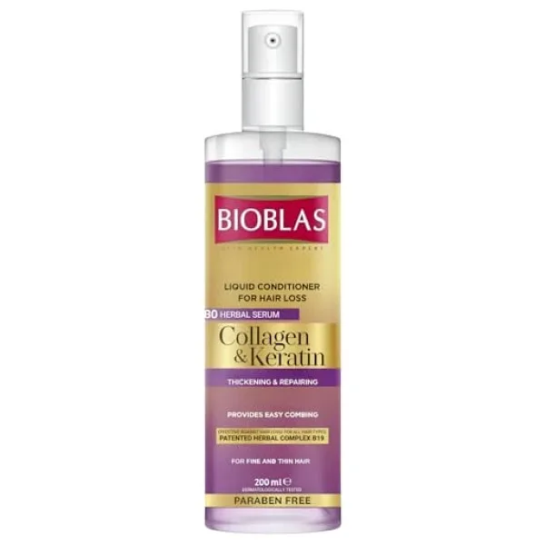 Bioblas Kolajen & Keratin Sıvı Saç Kremi - Durulanmayan, Onarıcı & Dolgunlaştırıcı Etki, Bitkisel Kompleks B19, 200 ml