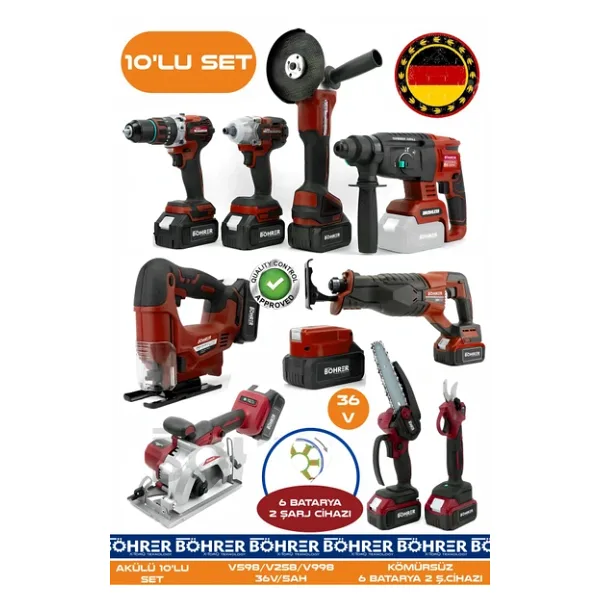 BÖHRER Alman 10 Makine Kombo Set BA01082K 6 Akülü 2 Şarjlı Kömürsüz V598 5Ah Profesyonel -KIRMIZI RED