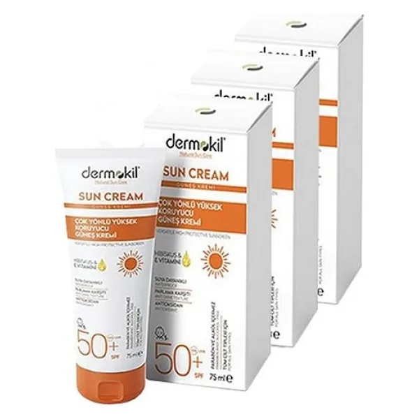 Dermokil Sun Cream-Çok Yönlü Yüksek Koruyucu Güneş Kremi 50 SPF 75 ml x 3 Adet