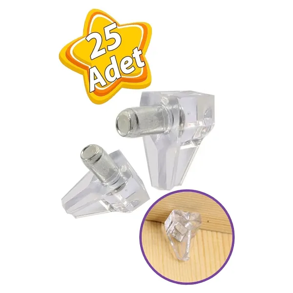 Glaswen Kristal Raf Pimi Şeffaf Cam Ahşap Metal Raf Tutucu Çivisi Mobilya Dolap Pimi (25 Adet)