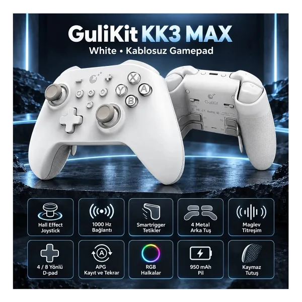 GuliKit KK3 Max Beyaz Kablolu/Kablosuz Oyun Kolu