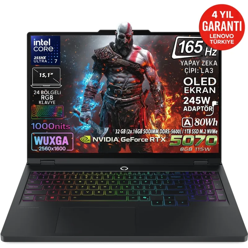 Lenovo Legion 5 15IAX10 83F0008BTR Ultra 7 255HX 32 GB 1 TB SSD RTX5070 15.1" WQXGA Gaming Laptop