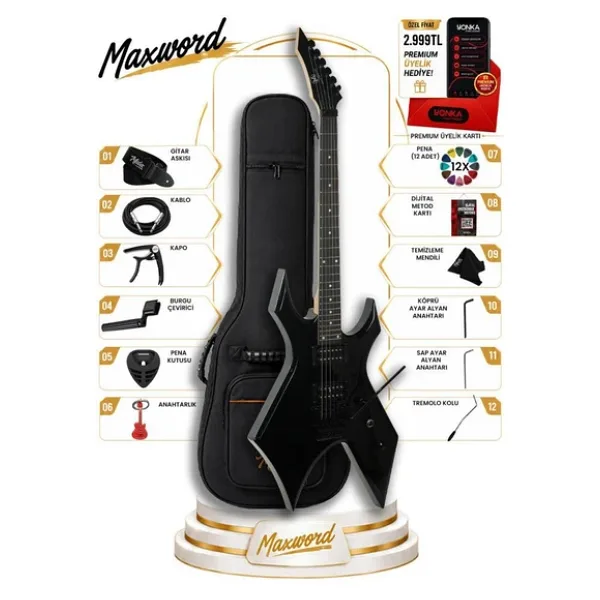 Maxword Gt-Line-Bk Profesyonel Warlock Kasa Hh Elektro Gitar Seti Siyah