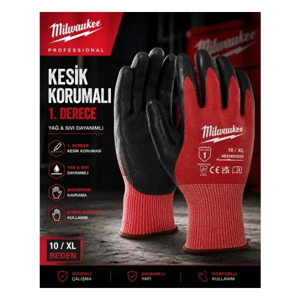 Milwaukee Siyah Kırmızı Yağa Dayanıklı Tam Nitril Kaplama İş Eldiveni T4932493225-3226 / T493249322