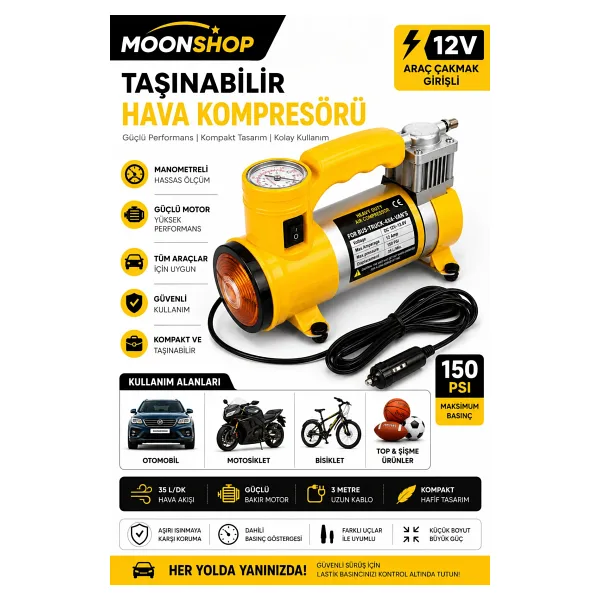 Moonshop Pro Çelik Çift Pistonlu 12 V 150 Psi 85 lt Set Araç Kompresörü