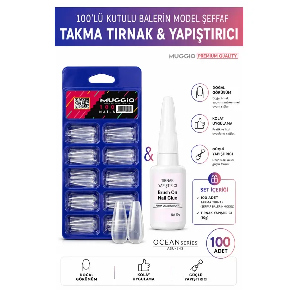 Muggio 100'lü Kutulu Balerin Protez Takma Tırnak + Tırnak Yapıştırıcısı 10gr