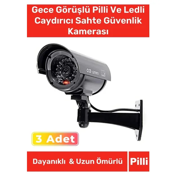 Özel Ev Apartman Bahçe İş Yeri Gece Görüşlü Pilli Ledli Caydırıcı Sahte Güvenlik Kamerası 3'lü Set