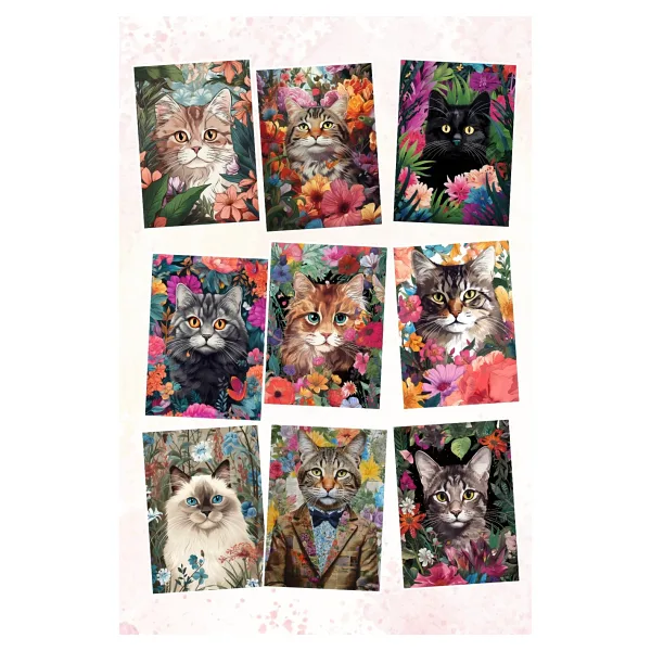 Qoeuyl Boutique Sevimli Kediler ve Çiçek Temalı 9'lu Kartpostal
