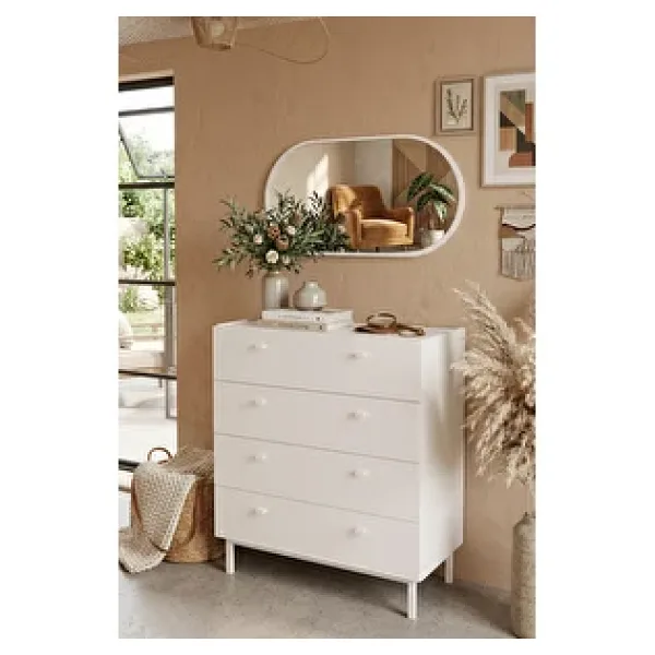 Robin Home Oval Aynalı Geniş Şifonyer 8 Çekmeceli Ahşap Ayaklı Beyaz