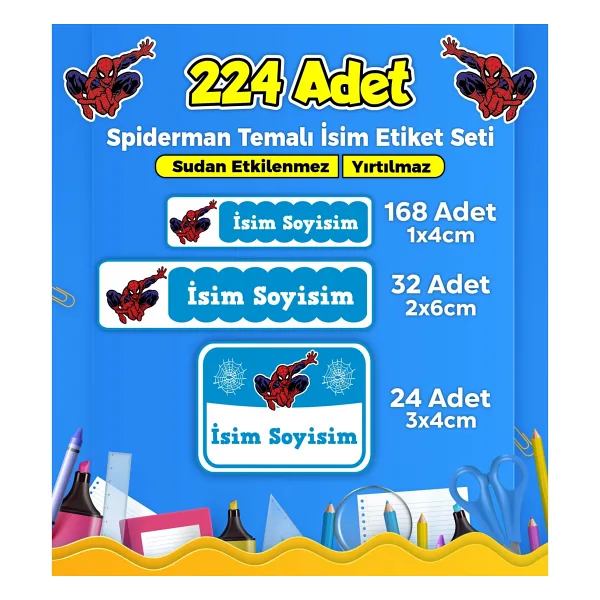 Sb Store Spiderman Okul Kreş İsim Etiketi Kalem Defter Özel İsim Yazılabilen Etiket Seti Model 21 - 224 Adet