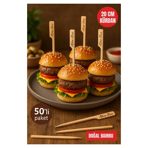 Toyfest 50'li Paket 20 cm Bambu Sunum Kürdanı - Kanape, Kokteyl, Mini Hamburger, Atıştırmalık Kürdan