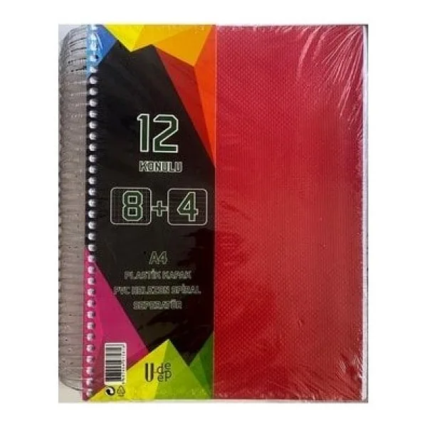 Umut U-deep A4 Büyük Boy 300 Yaprak Ayraçlı Spiralli Plastik Kapaklı 8 Kareli + 4 Çizgili Defter