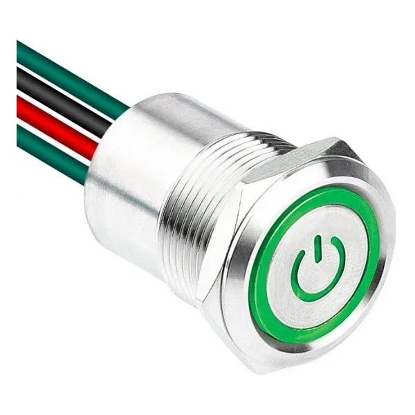 WD19D1-P2-EC 19mm Düz Yaylı Işıklı Power Kablolu Metal Buton - Yeşil