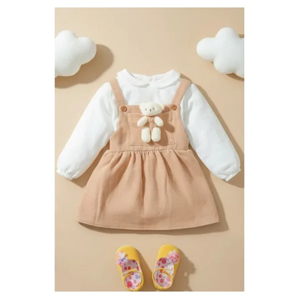 x Ipek Atlas Kız Bebek Çocuk Müslin Bebe Yaka Oyuncaklı Elbise - 0-Kahverengi - 3 Ay