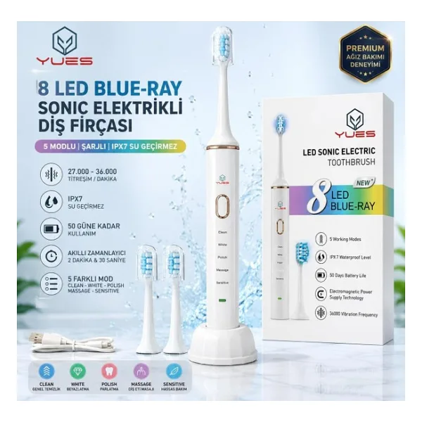 YUES 8 LED Mavi Işıklı Sonic Elektrikli Beyazlatıcı Diş Fırçası, Şarjlı Diş Fırçası, 5 Temizlik Modlu, IPX7 Su Geçirmez, 27.000-36.000 Titreşim/Dakika, 50 Gün Kullanım, 2 Yedek Başlık, Şarj Standı