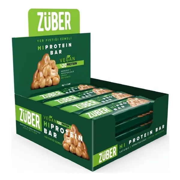 Züber Vegan Fıstık Ezmeli Yüksek Protein Bar 45g x 12 Adet