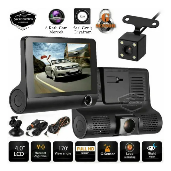 3 Kameralı Kayıt Cihazı İç Ön Arka Geri Görüş Kameralı Monitör 4.0" 1080P Full Hd Kayıt Çarpışma Algılayıcı Sensörlü Gece Görüşlü Park Sensörü Sesli Yol Kayıt