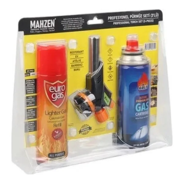 3 Parça Profesyonel Pürmüz Seti Pürmüz Torch Çakmak Başlık- Kamp Gazı 400ml- Çakmak Gazı 270