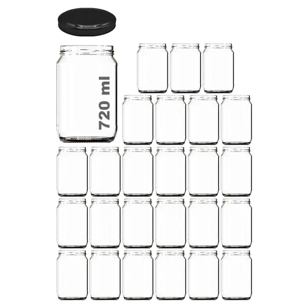 Afracam 720 ml Metal Siyah Kapaklı Bal Kavanozu 720 cc Şeffaf Konserve Kavanoz 25 Adet (1 kg Bal Alır)