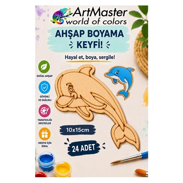 ArtMaster Ahşap Boyama Yunus Balığı 24 Adet 10x15cm Boyama Deniz Figürü Etkinlik Çoçuk Gelişim Motor Beceri Kreş Anasınıfı Çok Renkli