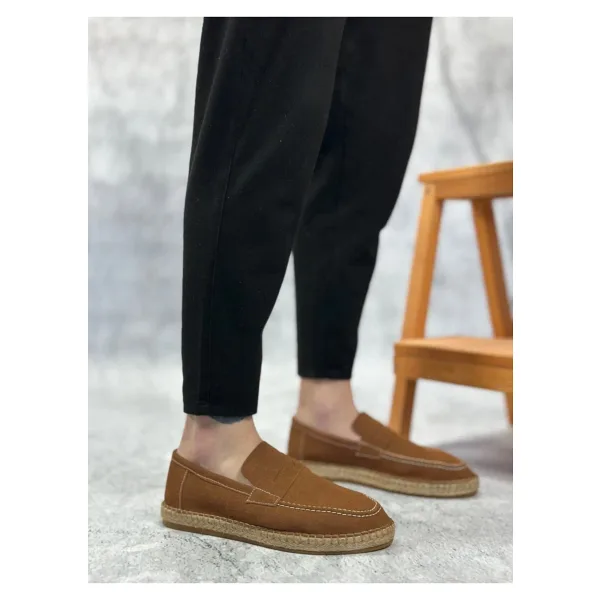 BA0359 BOA Doğal Deri Tozu Bağcıksız Kauçuk El Yapımı Espadril Taban Taba Renk Erkek Ayakkabı
