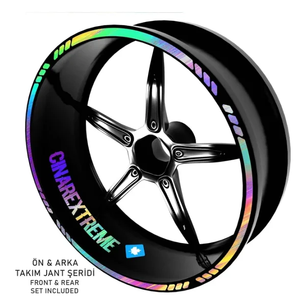 Çınar Extreme Rainbow Gökkuşağı Hologram Efektli 4 Parçalı Kesikli Motosiklet Jant Şeridi Sticker