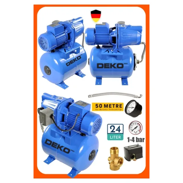Deko Turkey Bakır Sargılı 1.5 Hp Jet Hidrofor + 24 Lt Tanklı Küre Seti Ev ve Bahçe Otomatik Su Pompası 4 Kat