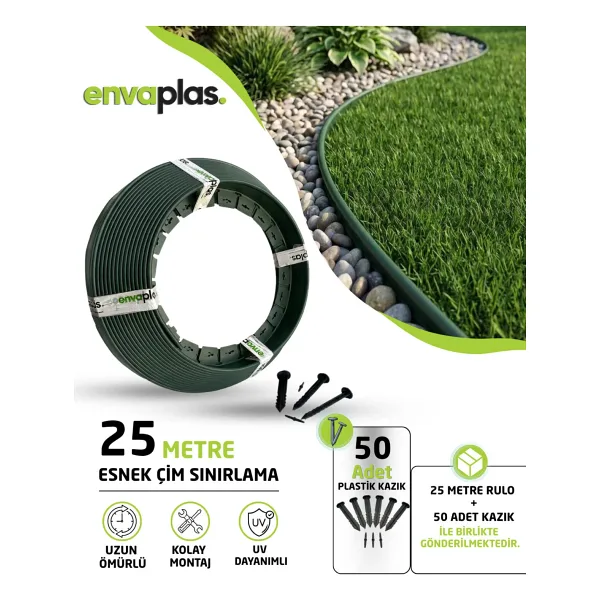 EnvaPlas Profesyonel Bahçe Ekipmanları Pratik Garden Çim Ayırıcı 25 M Yeşil Çim Sınırlayıcı Taş Toprak Ayıracı Çim Ayracı Çim Bariyeri
