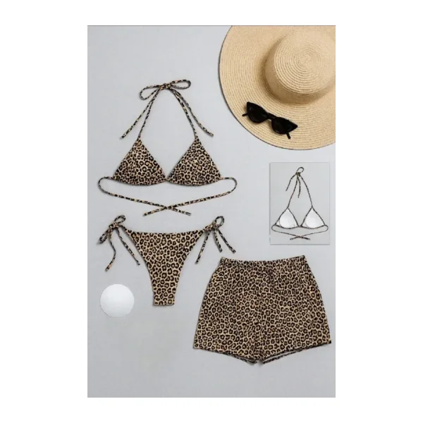 Kadın 3'lü Set Leopar Desenli Şortlu ve Yandan Bağlamalı Bikini Mayo Takımı