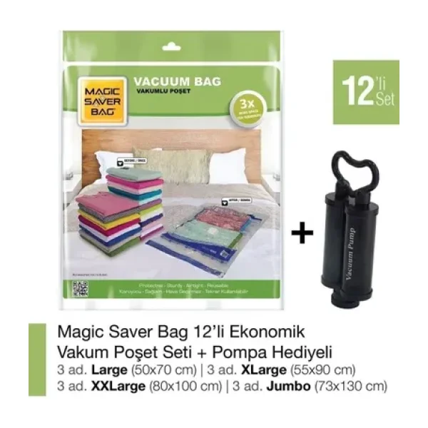 Magic Saver Bag 12'li Eko Vakumlu Poşet Set+Pompa Hediyeli