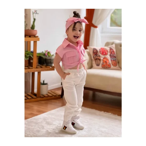 Meqlife Bağlamalı Kız Çocuk Gömlek Krop Bandana Hediye Pembe 1-2 YAŞ