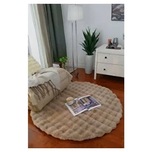 My Evilla Bubble Yuvarlak Vizon Uzun Tüylü Yumuşak Peluş Kaymaz Yıkanabilir Salon Oturma Odası Balkon Halısı Kahverengi