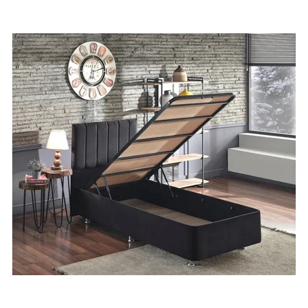 Niron Ela Baza ve Başlık Seti -100x200 cm Tek Kişilik Siyah Kumaş Baza ve Başlığı Silinebilir Soho Kumaş